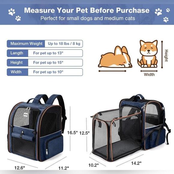 NWT Lekebobor Expandable Pet Carrier Backpack for Pets Up to 18 lbs, Blue - Picture 2 of 8